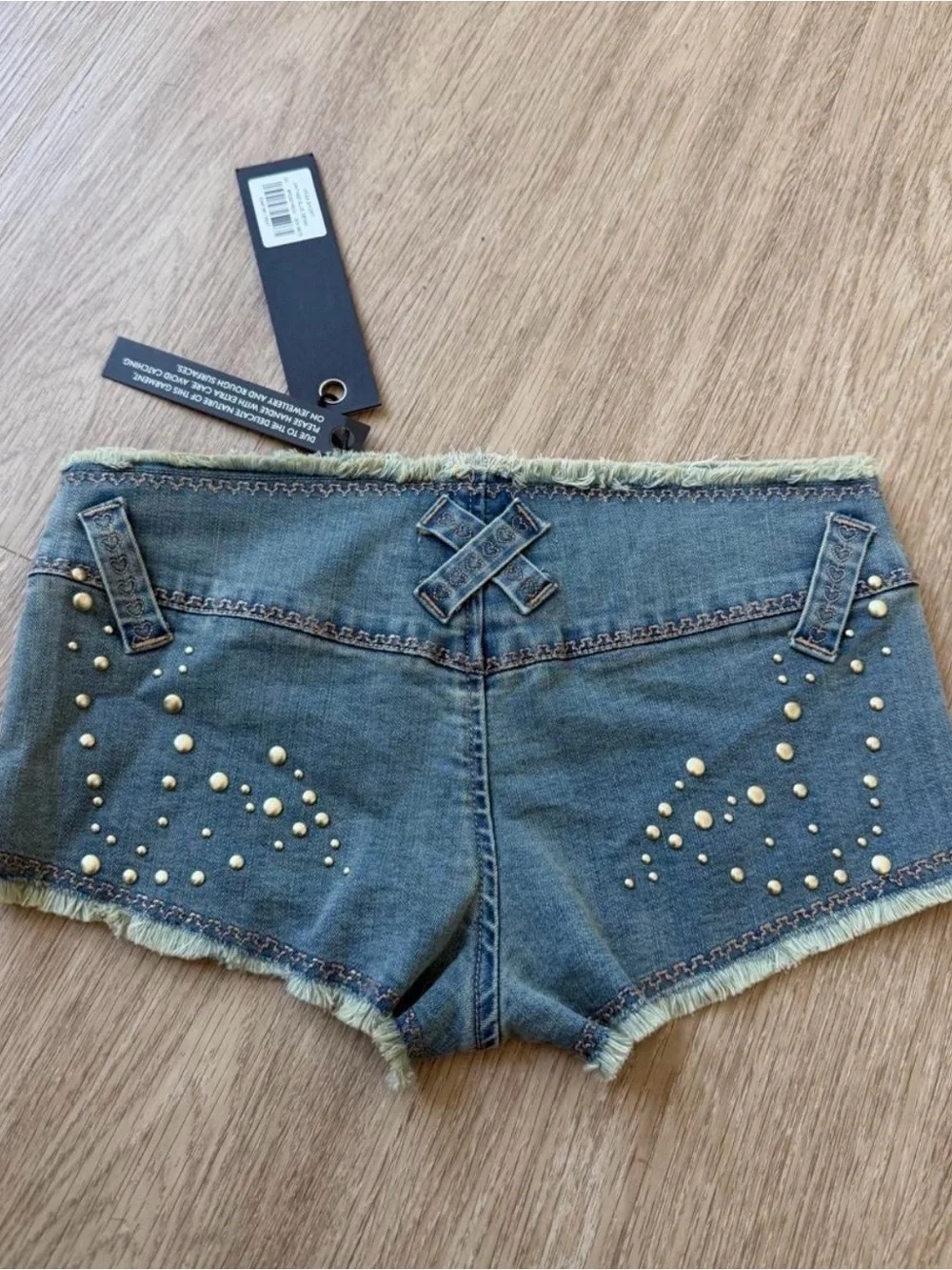 I.AM.GIA VEXA micro blue denim shorts with studs and frayed hem size XS NEW